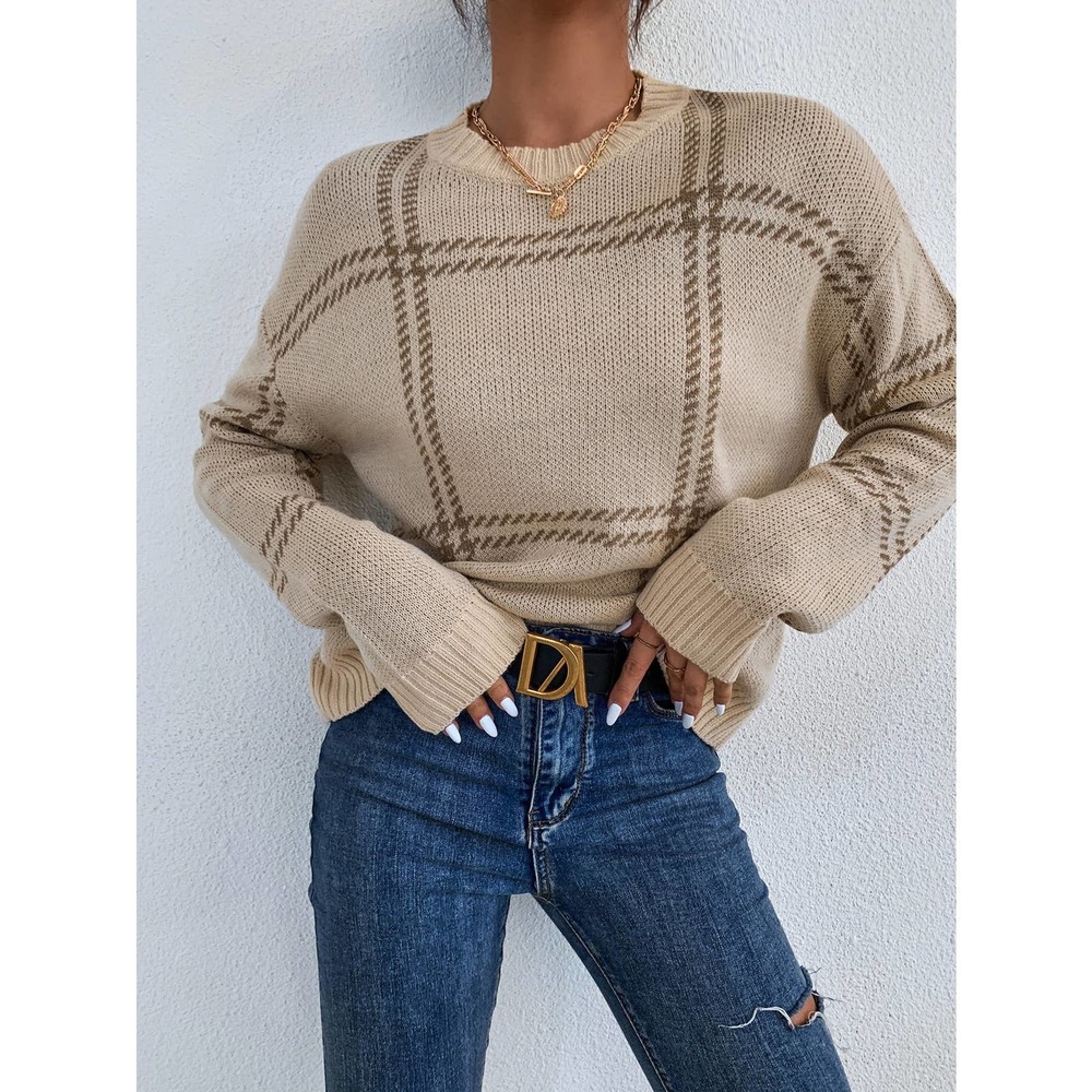 Plaid Pattern Drop Shoulder Sweater grid minimalist black white - Picture 8 of 9